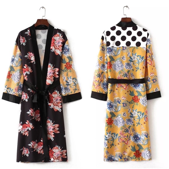 🍒 KIMONO ROBE DUSTER MIDI LONG FLOWER POLKA DOT FLORAL SLEEVE BOHO CHIC ASIAN - Picture 4 of 12